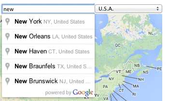 Dropdown menu suggestions for New places in the USA including New York, New Orleans, New Haven, New Braunfels, New Brunswick. Google Maps Autocomplete API.