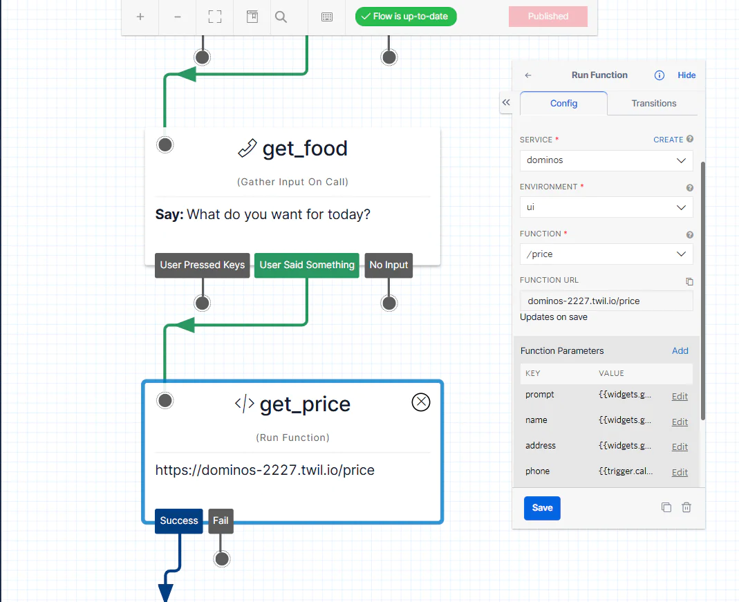 Workflow editor screen with nodes for gathering input and running functions for Domino’s Pizza order. get_price block.