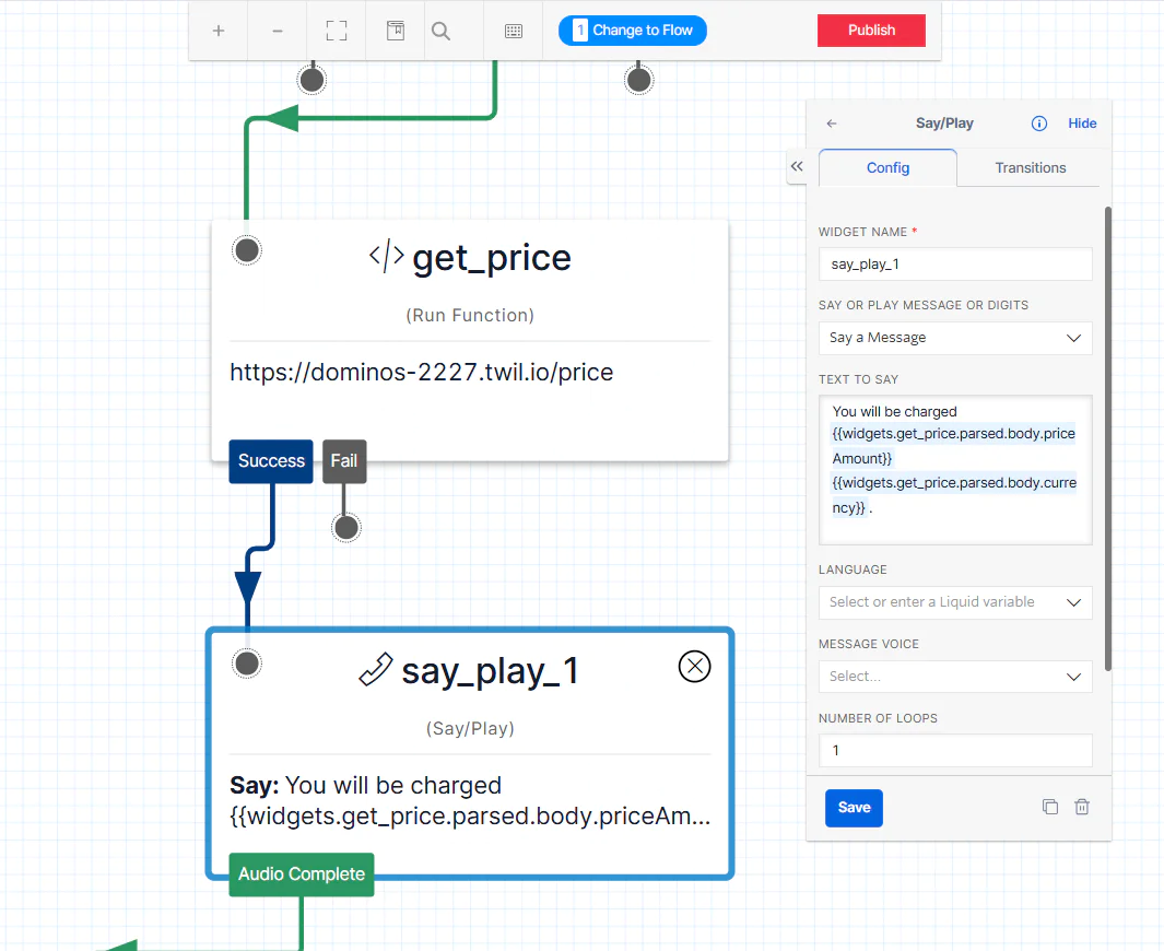 Flowchart diagram showing steps to get pizza price and communicate it using a Say/Play message. Say/Play block connected to get_price.