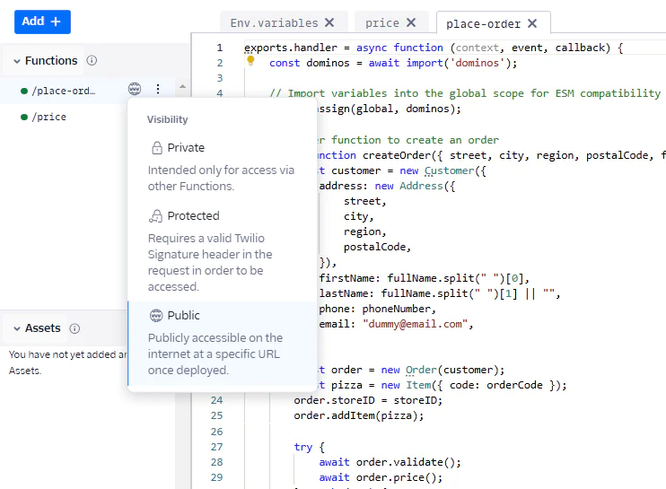 Code editor showing JavaScript function code and visibility options including Private, Protected, and Public. Making /place-order public.