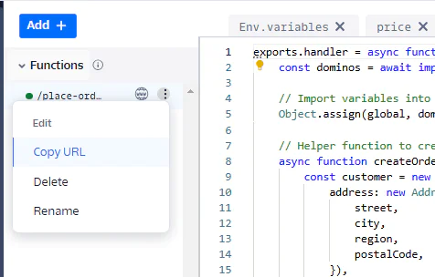 Context menu in a code editor with options to copy URL, edit, delete, and rename a file function. Context menu in a code editor with options to copy URL, edit, delete, and rename a file function.