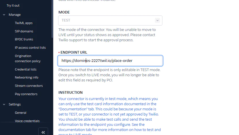 Screenshot of Twilio test connector mode settings showing endpoint URL and instructions. Screenshot of Twilio test connector mode settings showing endpoint URL and instructions.
