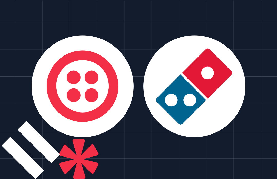 Two white circles with abstract symbols of a button and a domino on a dark grid background.