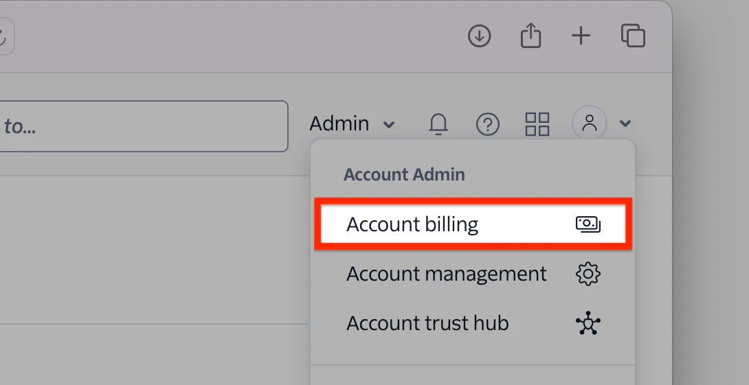 Screenshot showing the admin dropdown with Account billing highlighted in the menu. Screenshot showing the admin dropdown with Account billing highlighted in the menu.