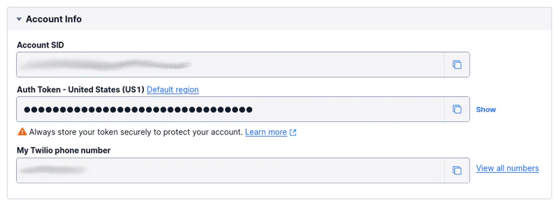 Twilio account info with Account SID, Auth Token, and Twilio phone number details shown. Twilio account info with Account SID, Auth Token, and Twilio phone number details shown.