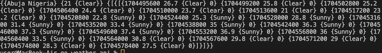 Display of data from the weather API, showcasing JSON response converted to a GO struct