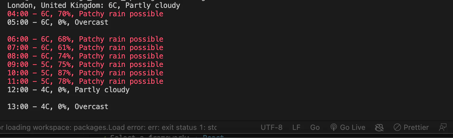 Display of selected location data, featuring time, temperature, chance of rain, and description