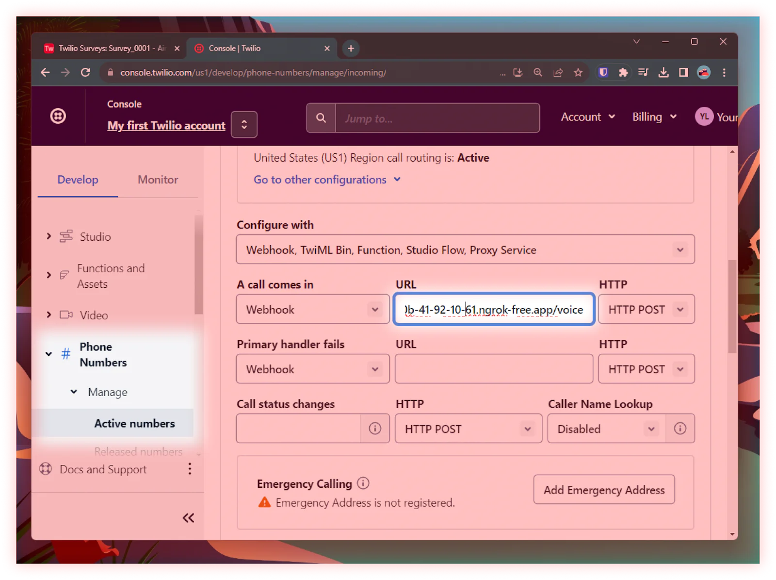 Twilio Dashboard, highlighting the active numbers page and the webhook URL