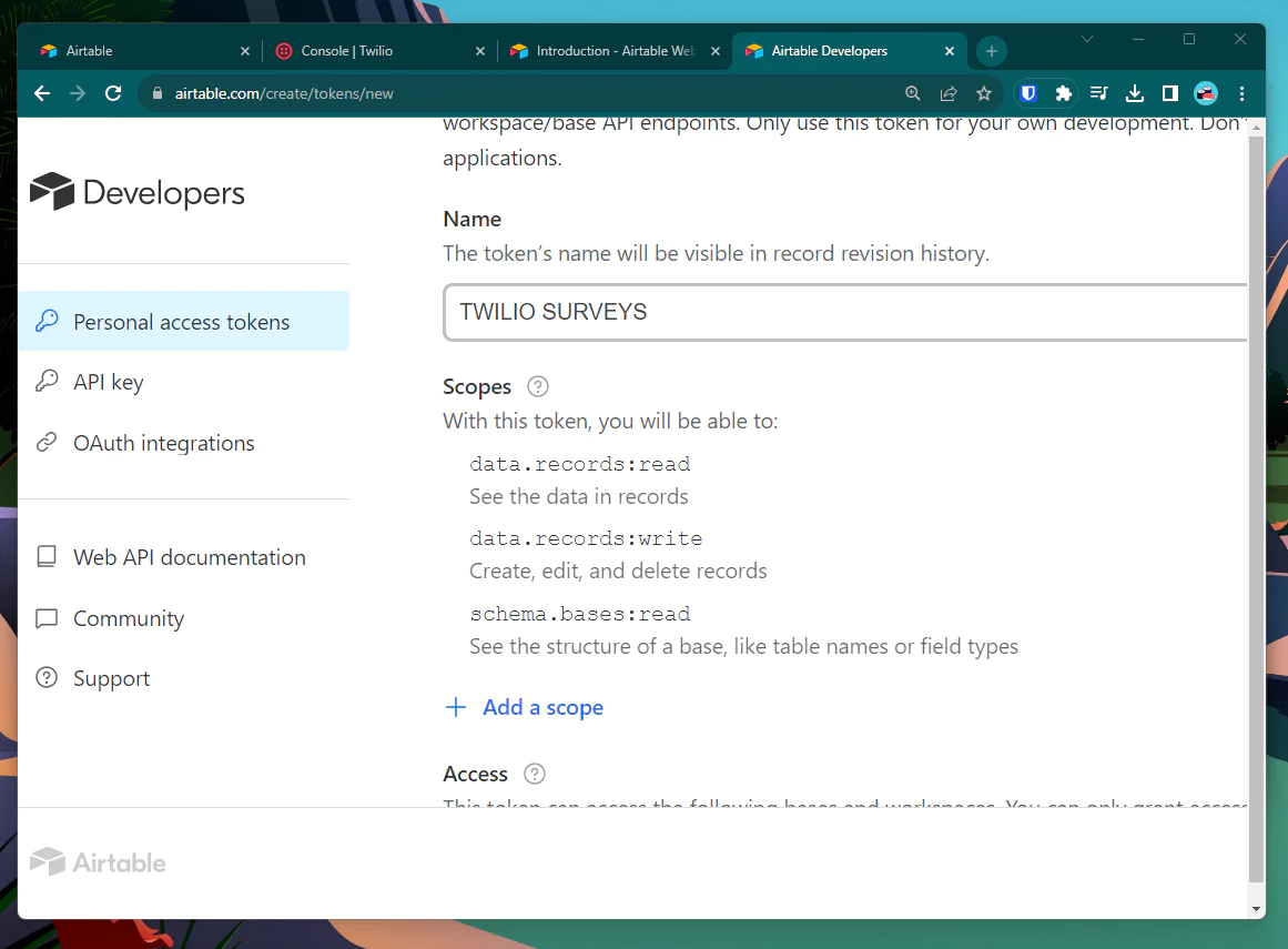 Airtable API page to create a PAT key, with the correct scopes selected