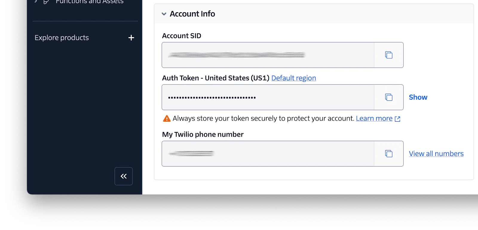 Twilio account info showing Account SID, Auth Token, safety reminder, and linked phone number. Twilio account info showing Account SID, Auth Token, safety reminder, and linked phone number.