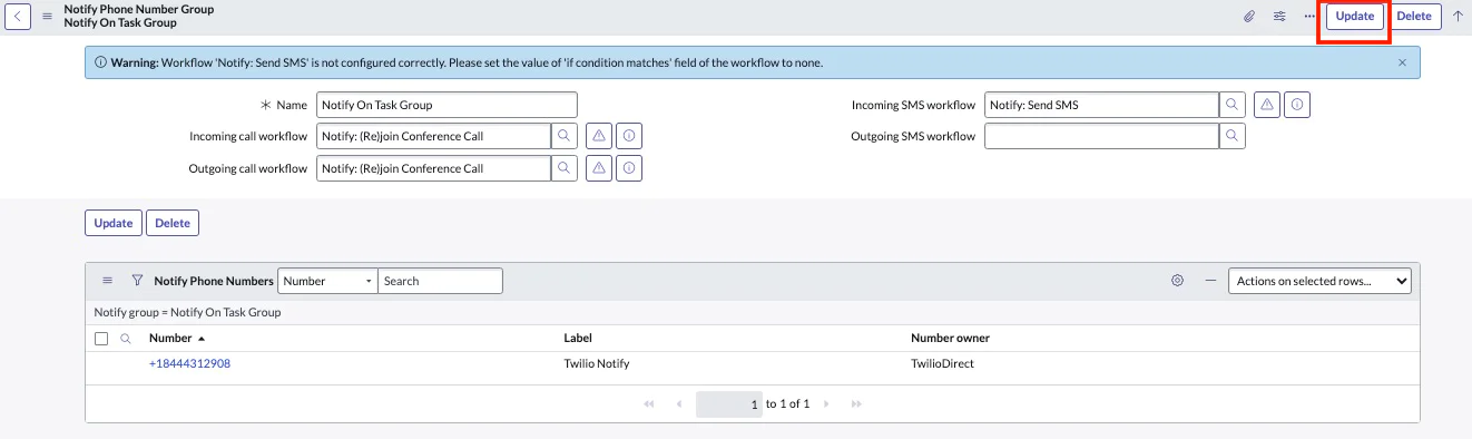 Screen showing notification settings configuration with update, delete buttons, and phone number list. NumberGroups