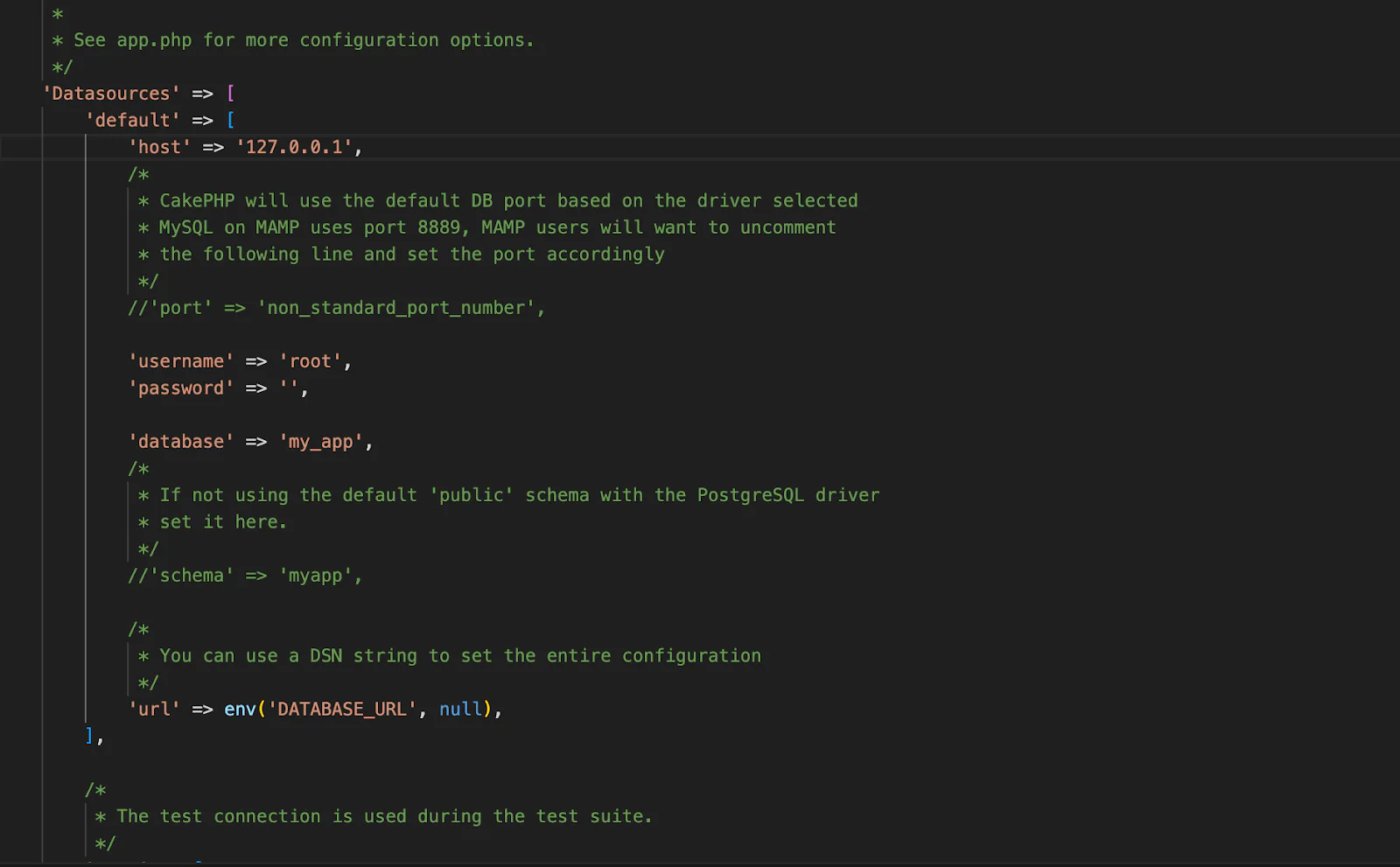 An example of configuring data sources in CakePHP