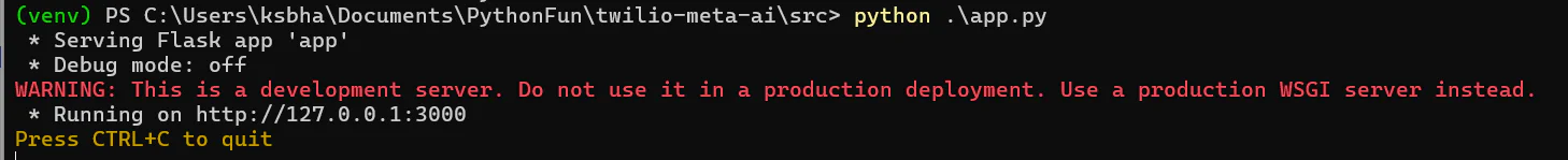 Command prompt showing the command to run a Flask app and the server starting message. Starting the flask server