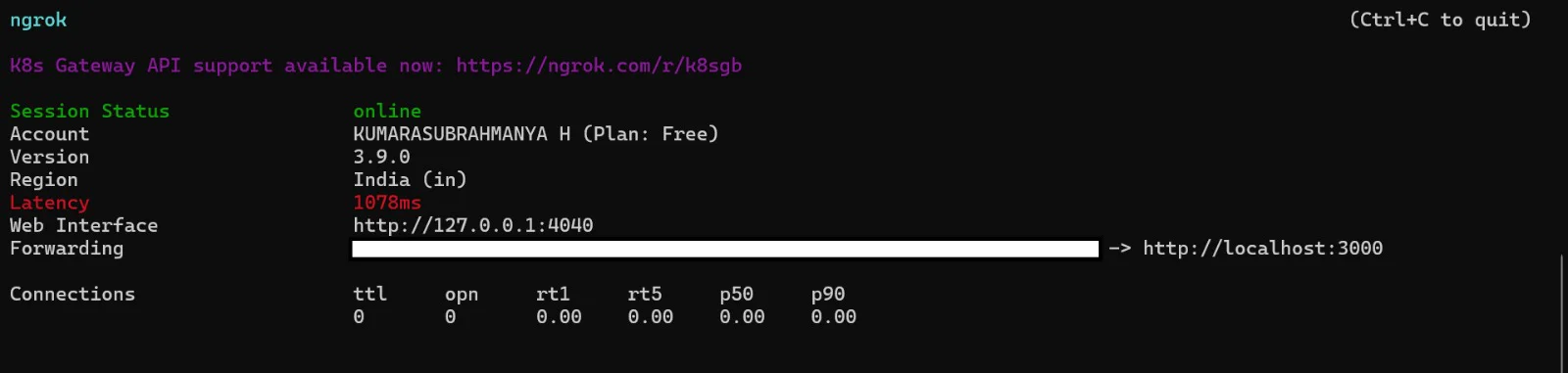 Screenshot showing a connected Ngrok session with latency, web interface, and forwarding details. The terminal output of the command "ngrok http 3000". It contains the ngrok public URL which can be used to set the incoming voice webhook handler of your Twilio number.