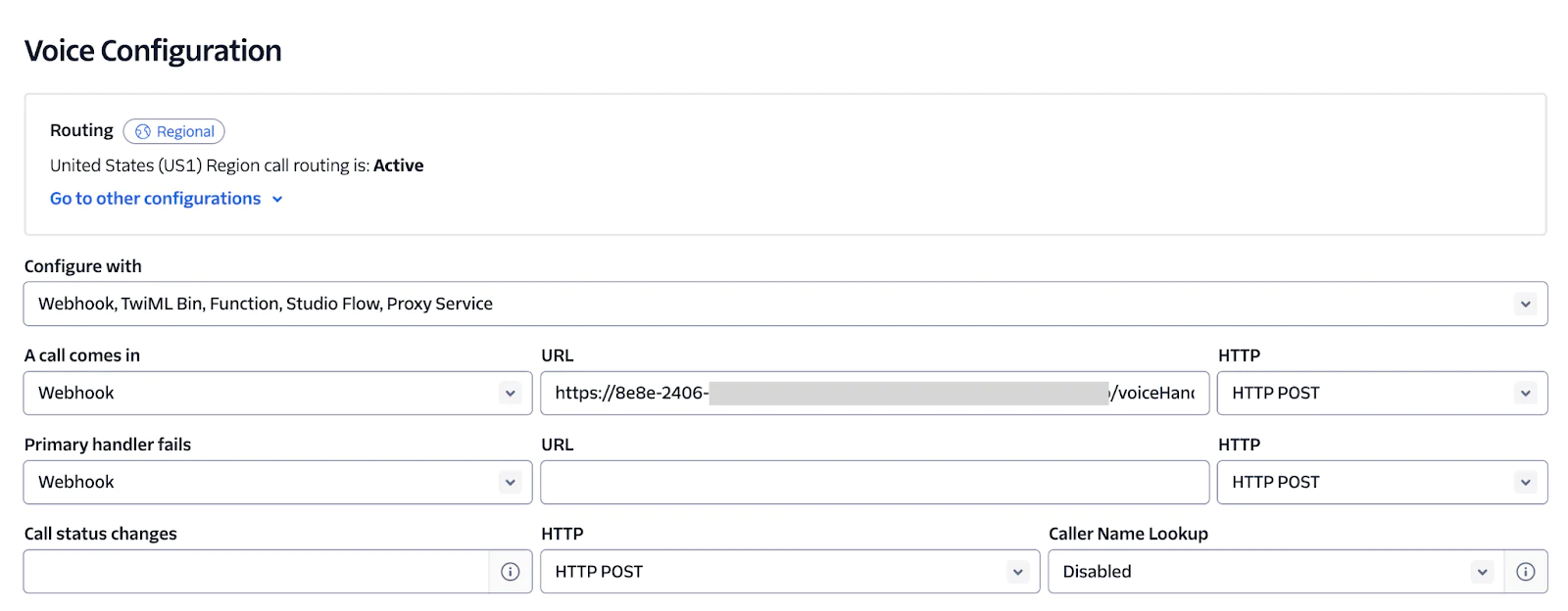 Screenshot of Twilio Voice Configuration settings page showing routing and webhook configurations. Incoming webhook configuration of your Twilio number