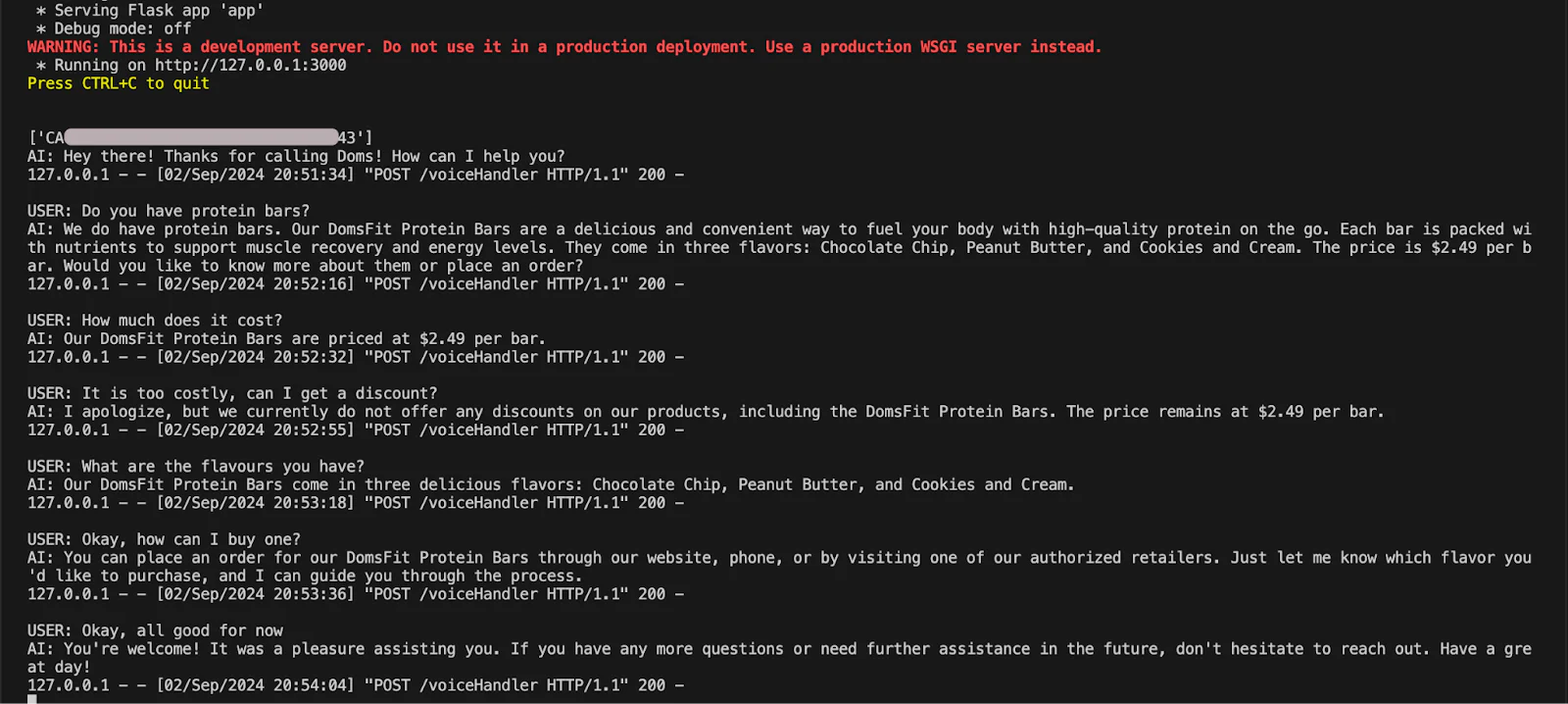 Console output showing a Flask web application running in debug mode with HTTP POST and GET requests. Terminal showing interactions with the chatbot