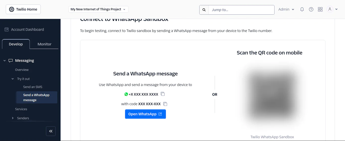 Twilio dashboard showing instructions to send a WhatsApp message for testing through WhatsApp Sandbox. Connecting to Twilio Whatsapp sandbox