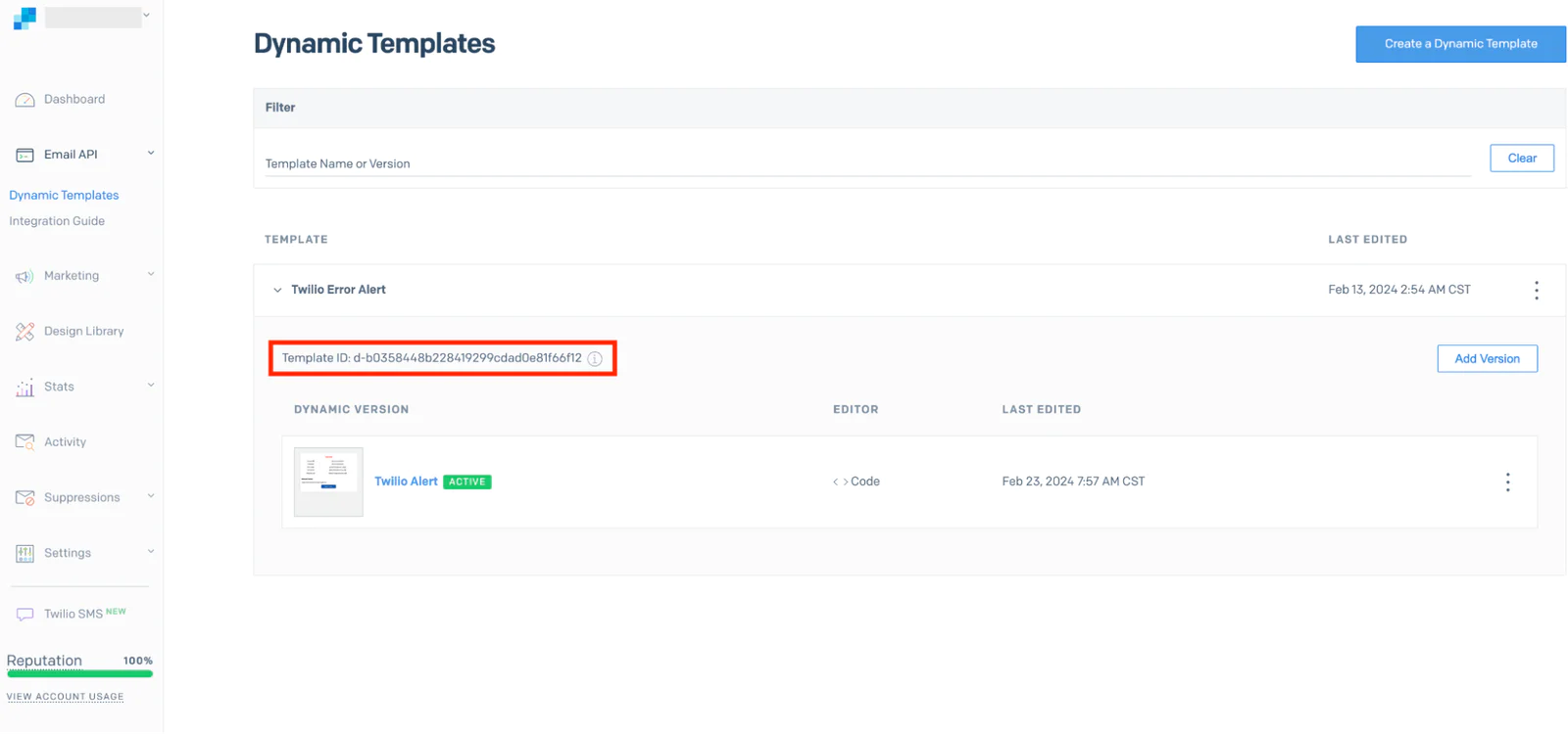 A screenshot of the SendGrid console displaying the dynamic templates page. One template named 'Twilio Error Alert' is visible, with a 'Template ID' highlighted in a red rectangular box.