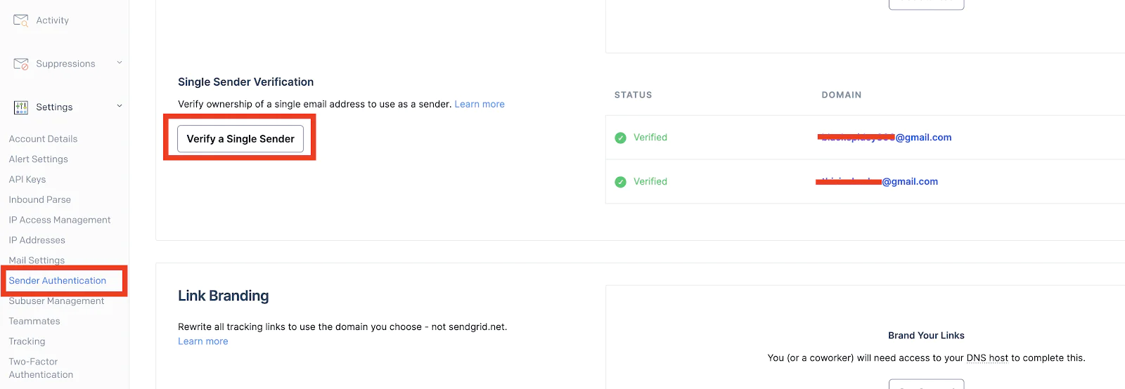 Screenshot illustrating the process of verifying a single sender. The 'Sender Authentication' link in the left sidebar is highlighted with a red rectangular box, while the 'Verify a Single Sender' button on the right side of the sidebar is also highlighted in a red rectangular box.