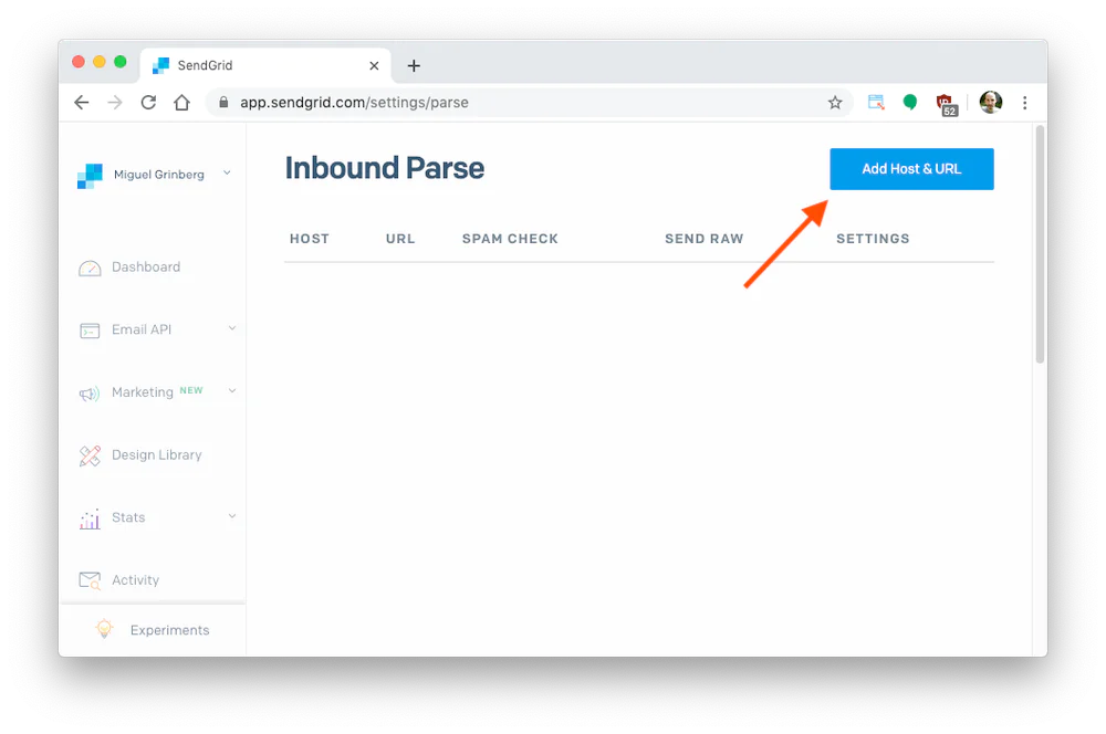 The SendGrid Dashboard displaying the page for configuring an Inbound Parse webhook, pointing to the "Add Host & URL" button