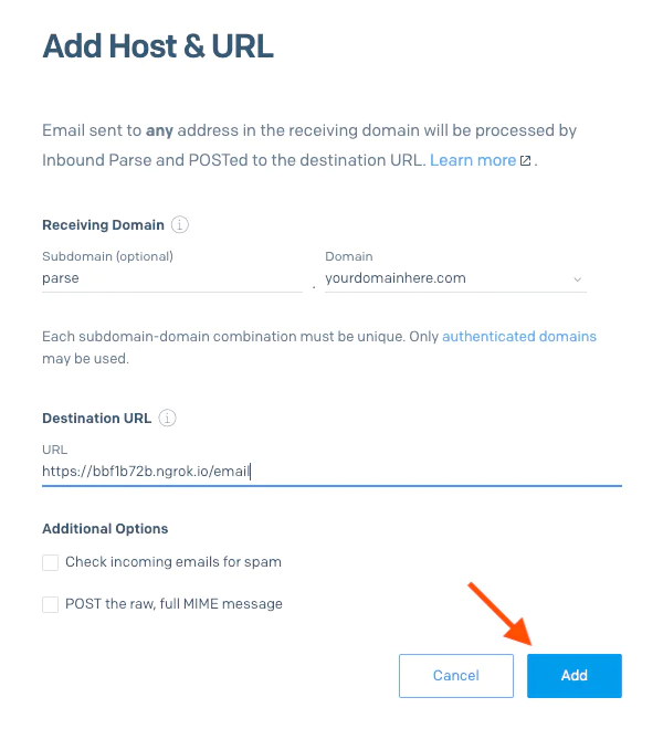 The prompt for adding a SendGrid Inbound Parse webhook, pointing to the "Add" button