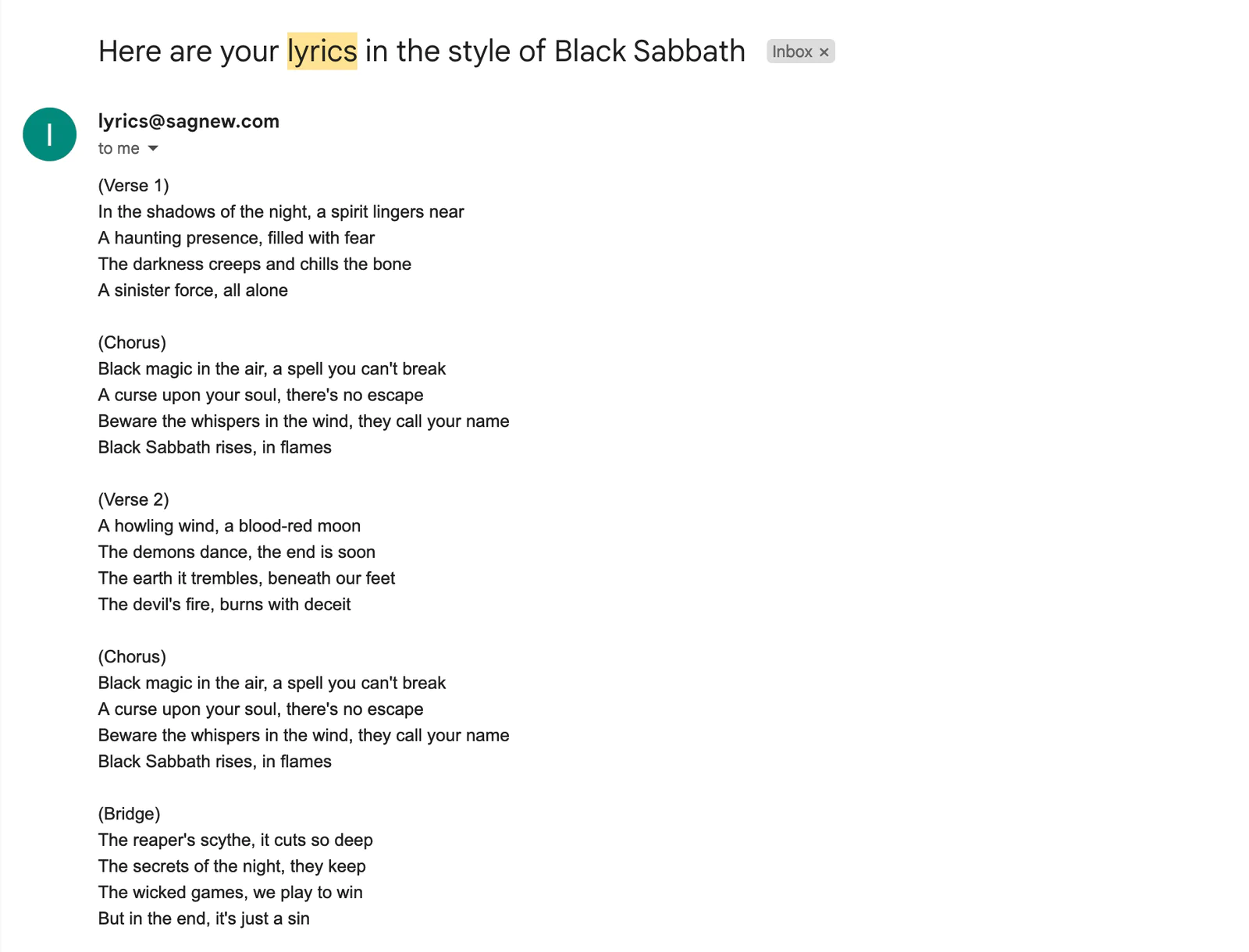 An email containing computer-generated lyrics in the style of Black Sabbath
