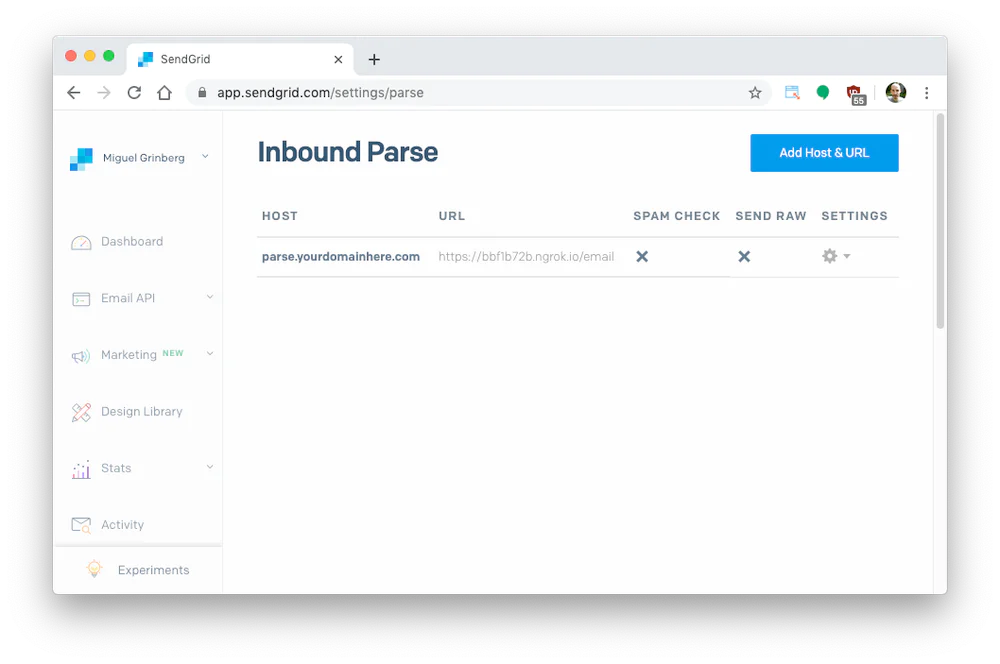 A screenshot displaying what the Inbound Parse configuration page should look like afterwards.