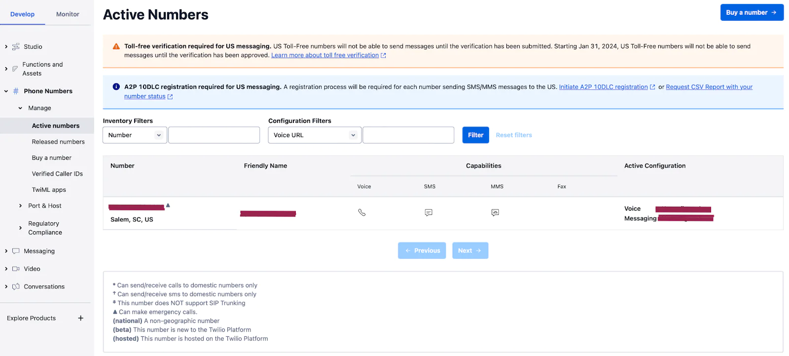 Active Numbers page on Twilio Console