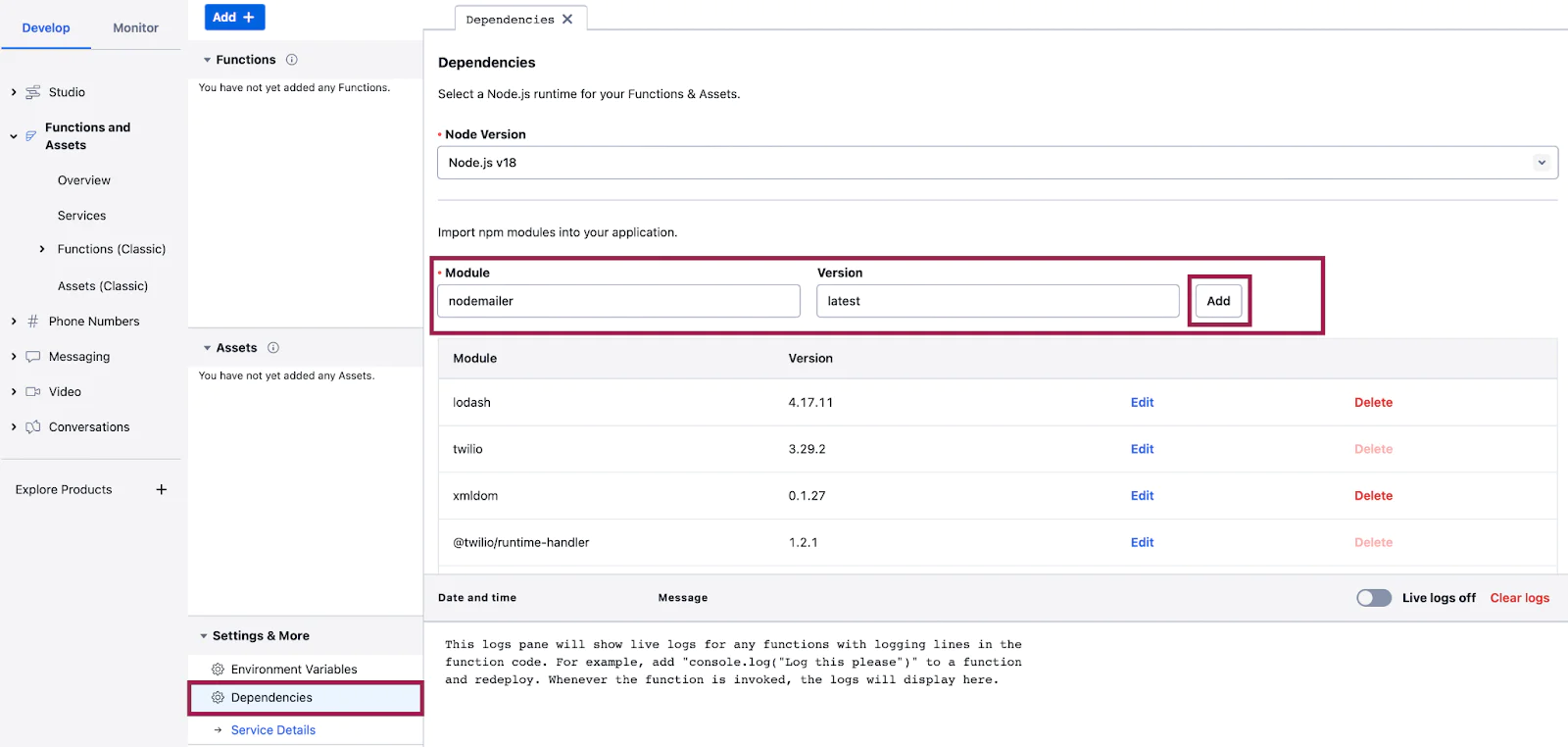 Dependency page on function service