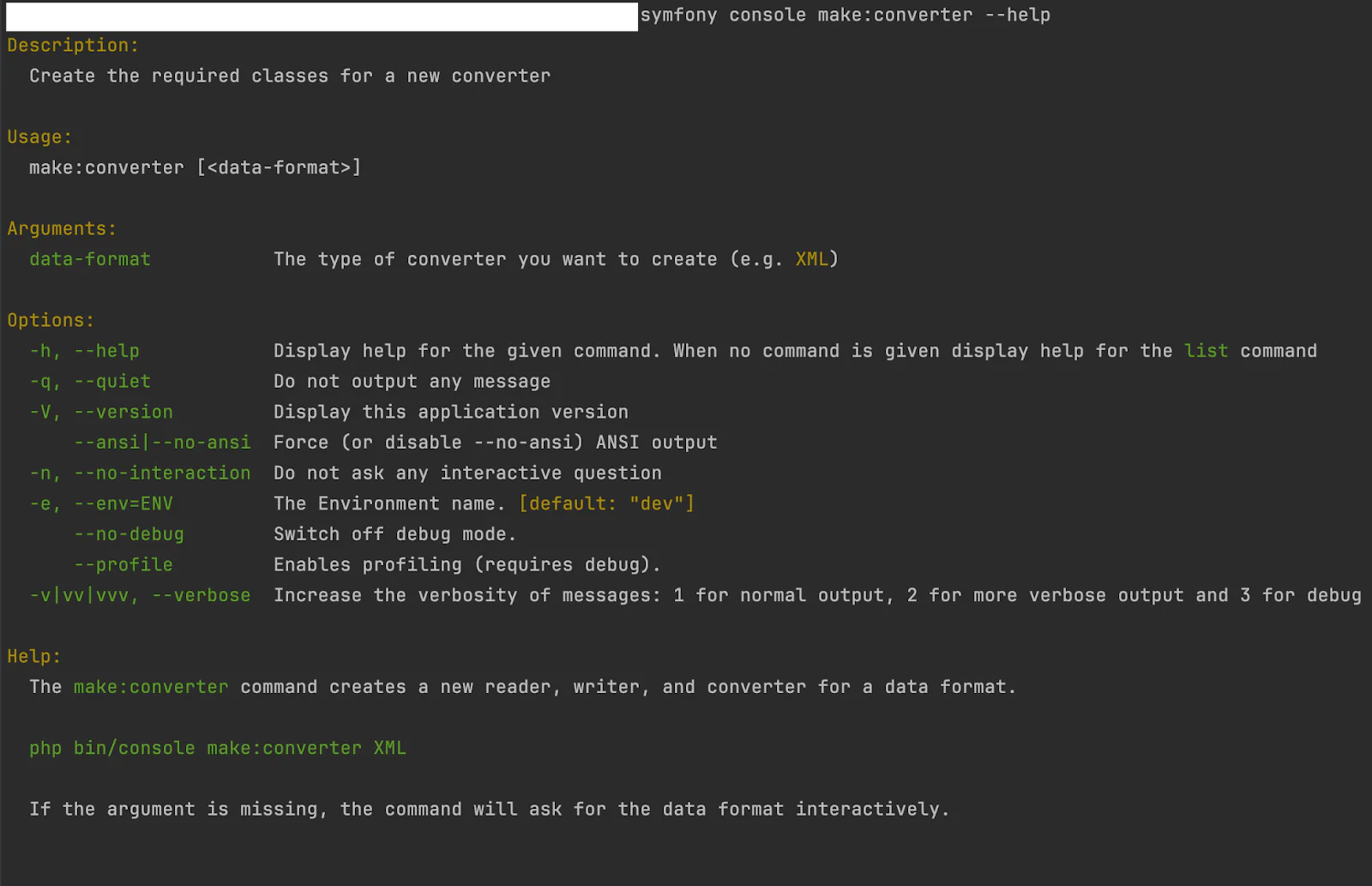Command line helps screen for Symfony console make Output when the help flag is passed to the make:converter command