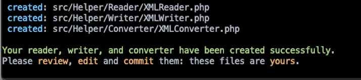 Terminal output showing creation of PHP helper classes for Reader, Writer, and Converter with a success message. Output after running the command to create new converter