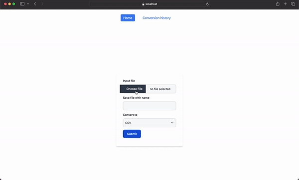 Webpage interface for file conversion with input fields for file name, file type selection, and a submit button.