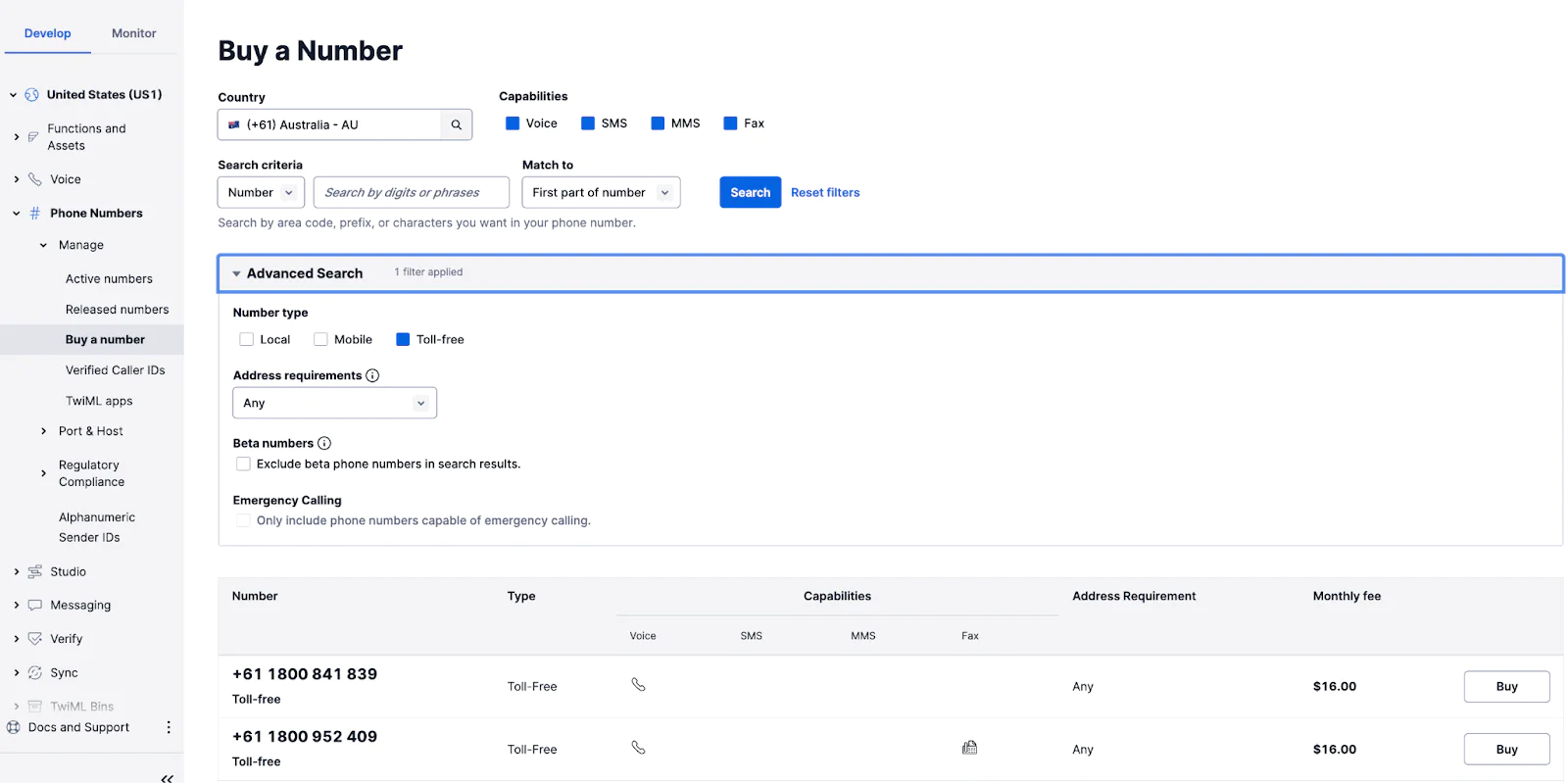 Twilio Console showing Toll Free Numbers