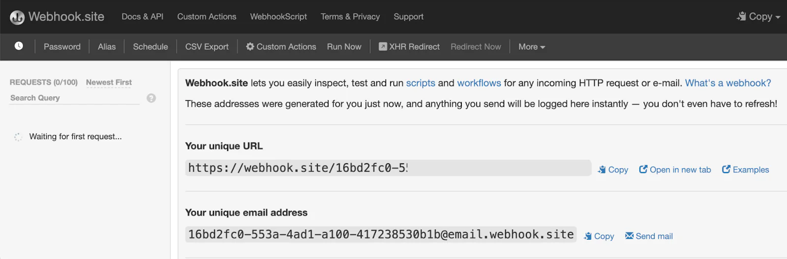 Webhook.site showing your unique URL for webhook calls