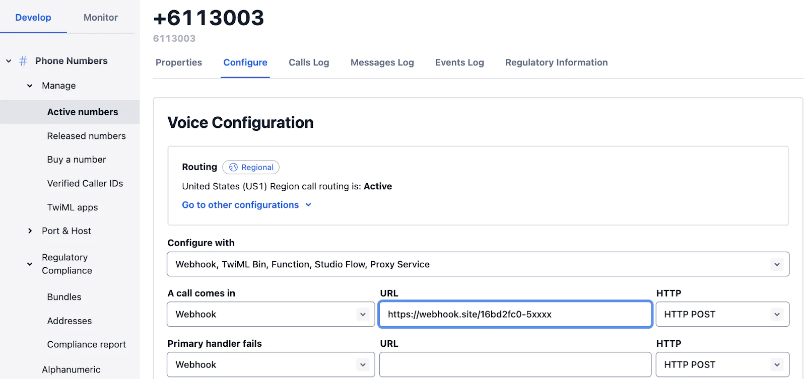 Twilio Console showing configuration of the Toll Free number with a new webhook