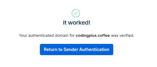 Domain Authentication Successful for codingplus.coffee Success message verifying authenticated domain for codingplus.coffee