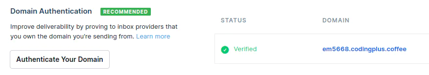 Screenshot showing the status of domain authentication with a verified domain. Screenshot showing the status of domain authentication with a verified domain.