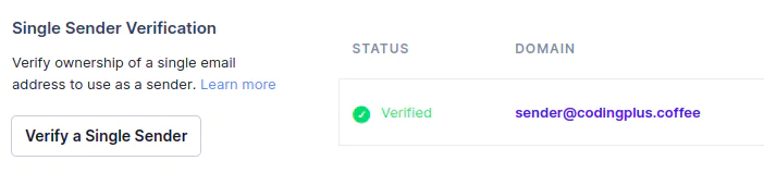 Email Sender Verification Status Single Sender Verification status for the domain sender@codingplus.coffee