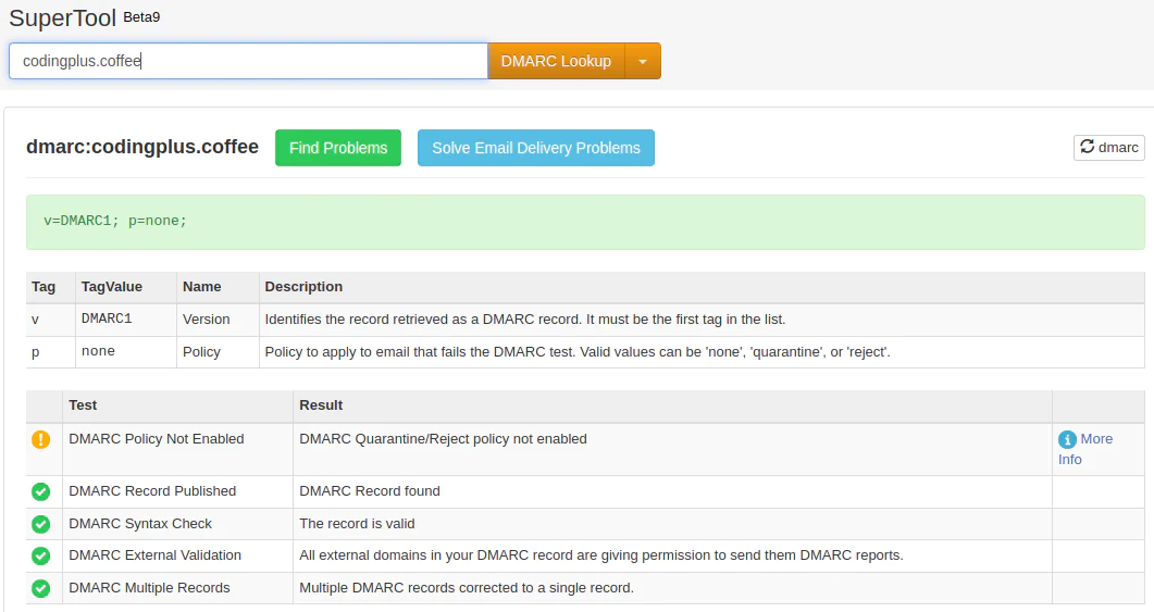 SuperTool Beta9 displaying DMARC lookup results for codingplus.coffee with a list of tests and results. SuperTool Beta9 displaying DMARC lookup results for codingplus.coffee with a list of tests and results.