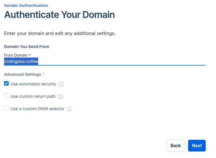 Domain Authentication for Email Sender Form to authenticate domain for email sender with options for automated security, custom return path, and DKIM selector.