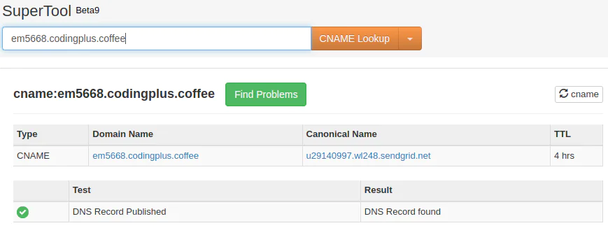 Screenshot of SuperTool showing DNS CNAME lookup for em5668.codingplus.coffee with results. Screenshot of SuperTool showing DNS CNAME lookup for em5668.codingplus.coffee with results.