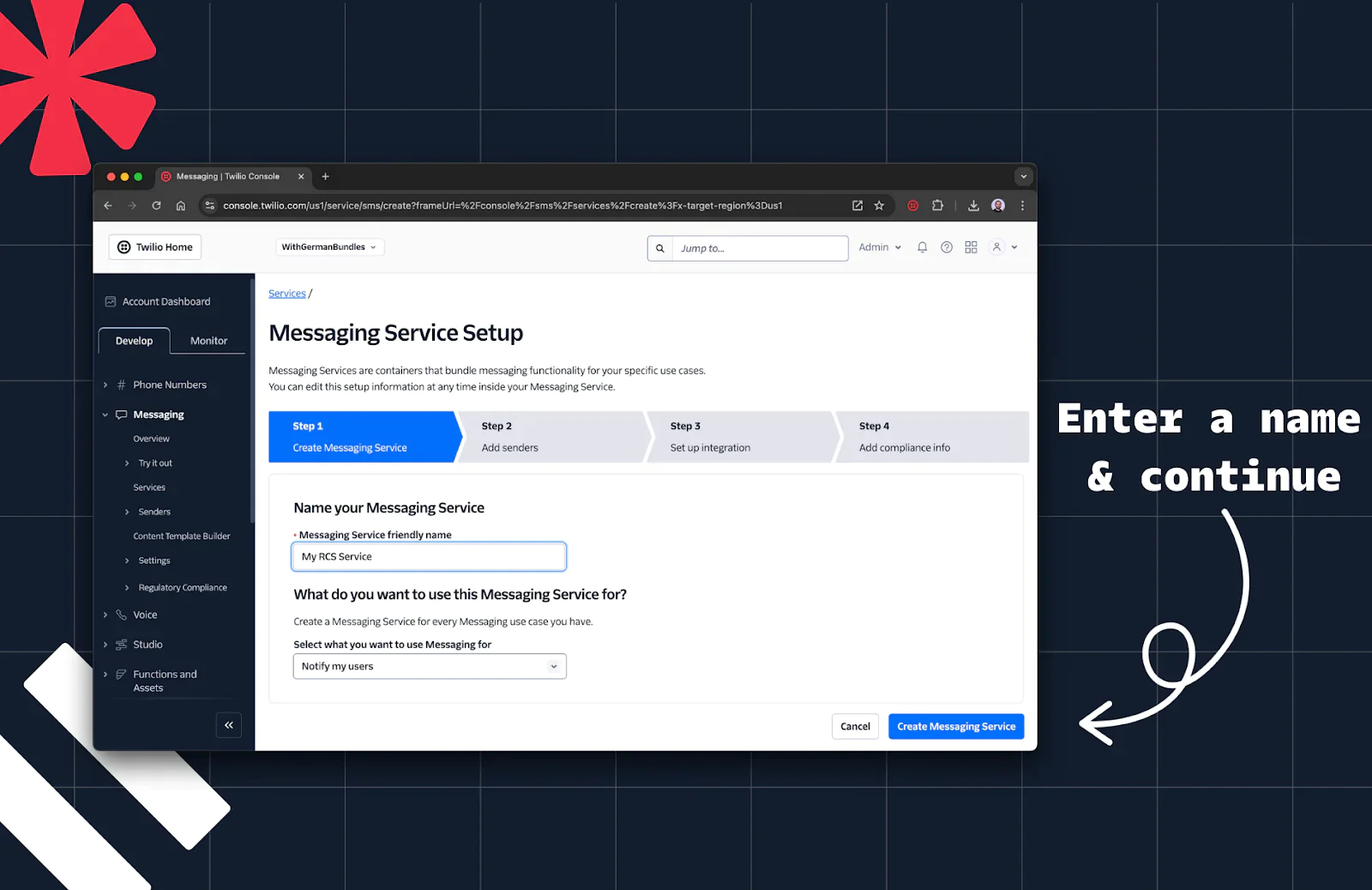 Web interface showing steps and fields for setting up a messaging service on a platform. Web interface showing steps and fields for setting up a messaging service on a platform.