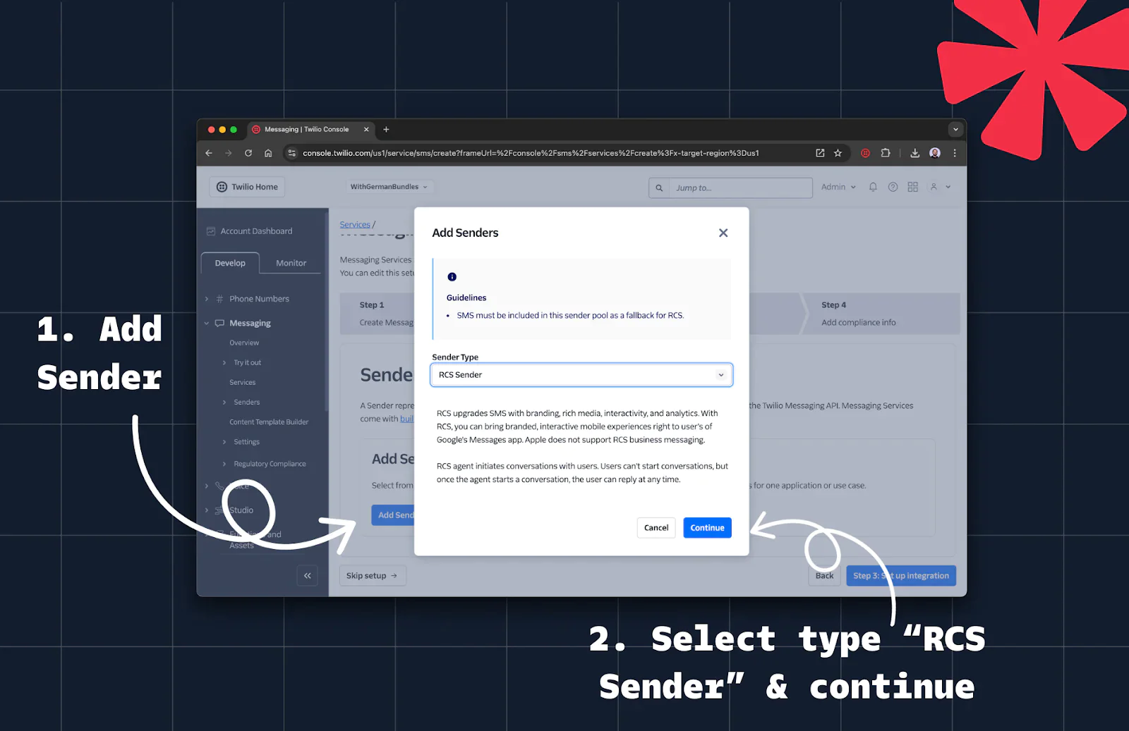 Popup for adding a sender with RCS sender type selected on a messaging platform. Popup for adding a sender with RCS sender type selected on a messaging platform.
