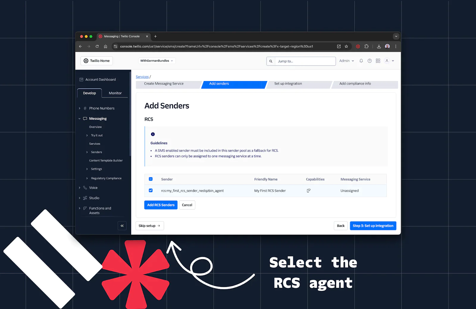 Screenshot of a web interface for adding RCS senders with the option to select the RCS agent. Screenshot of a web interface for adding RCS senders with the option to select the RCS agent.