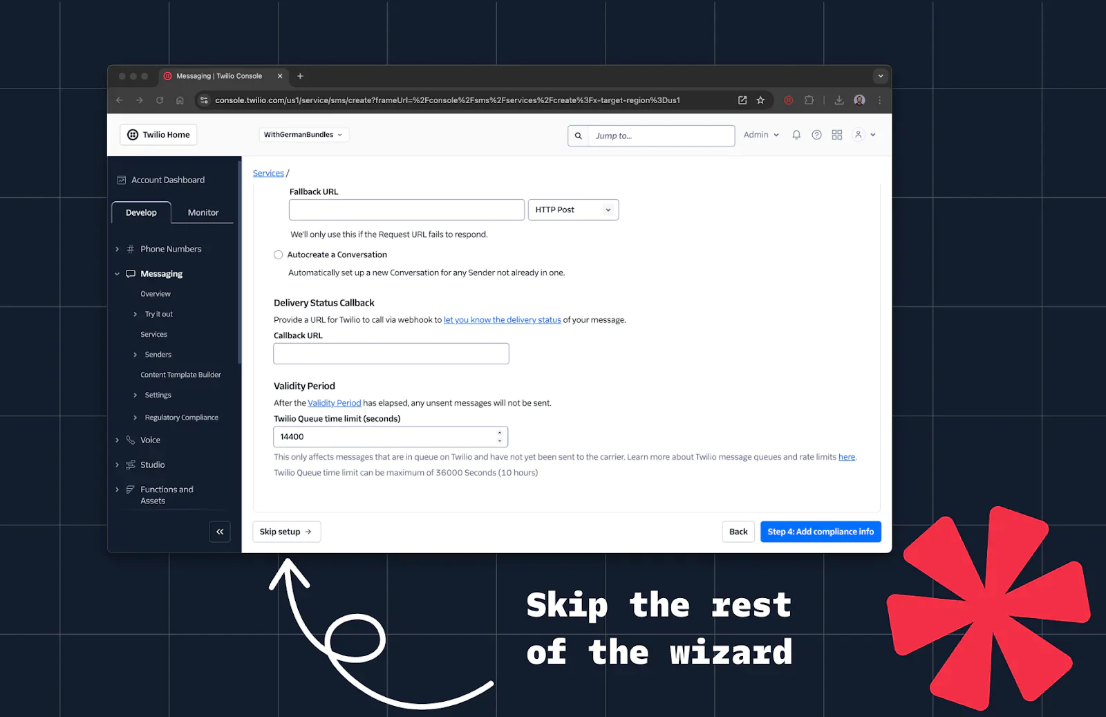 Screenshot of Meta Messenger Send API settings page with Skip the rest of the wizard highlighted. Screenshot of Meta Messenger Send API settings page with Skip the rest of the wizard highlighted.