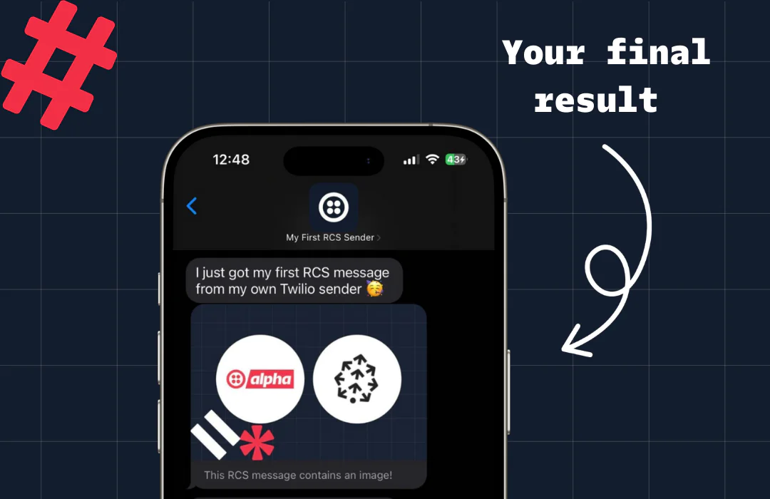 Phone screen displaying an RCS message received from a Twilio sender along with Twilio and RCS logos. Phone screen displaying an RCS message received from a Twilio sender along with Twilio and RCS logos.