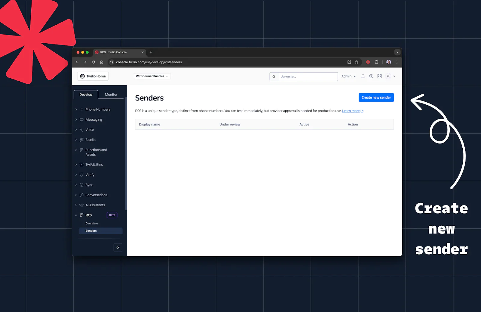 Web interface for managing email senders with sidebar options and a button to create a new sender Web interface for managing email senders with sidebar options and a button to create a new sender