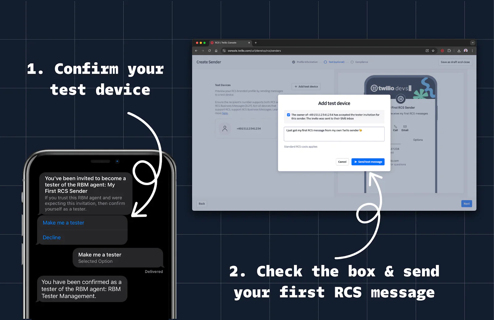 Instructions on a phone and computer for confirming a test device and sending a first RCS message. Instructions on a phone and computer for confirming a test device and sending a first RCS message.