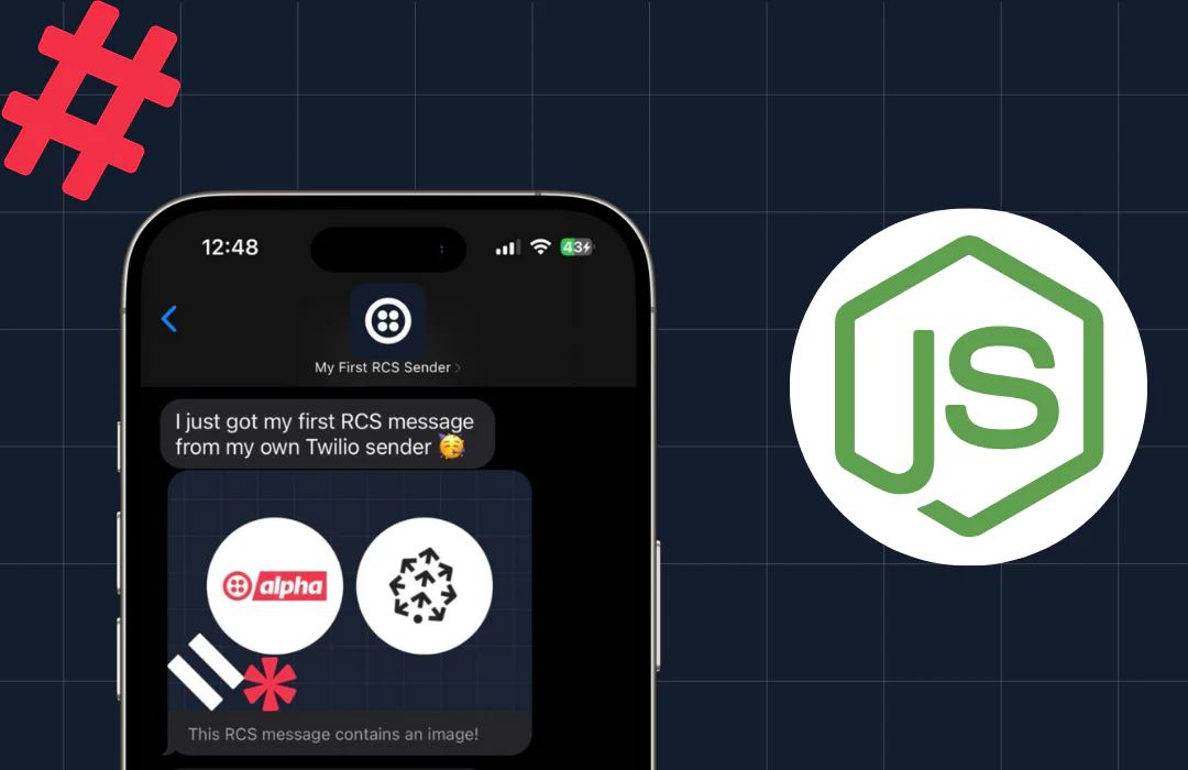 Demonstration of Twilio RCS Message Sent Using Node.js Blog post cover images showing the final RCS message on a phone