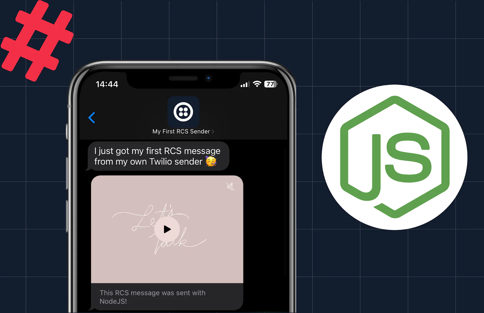 Demonstration of Twilio RCS Message Sent Using Node.js Blog post cover images showing the final RCS message on a phone